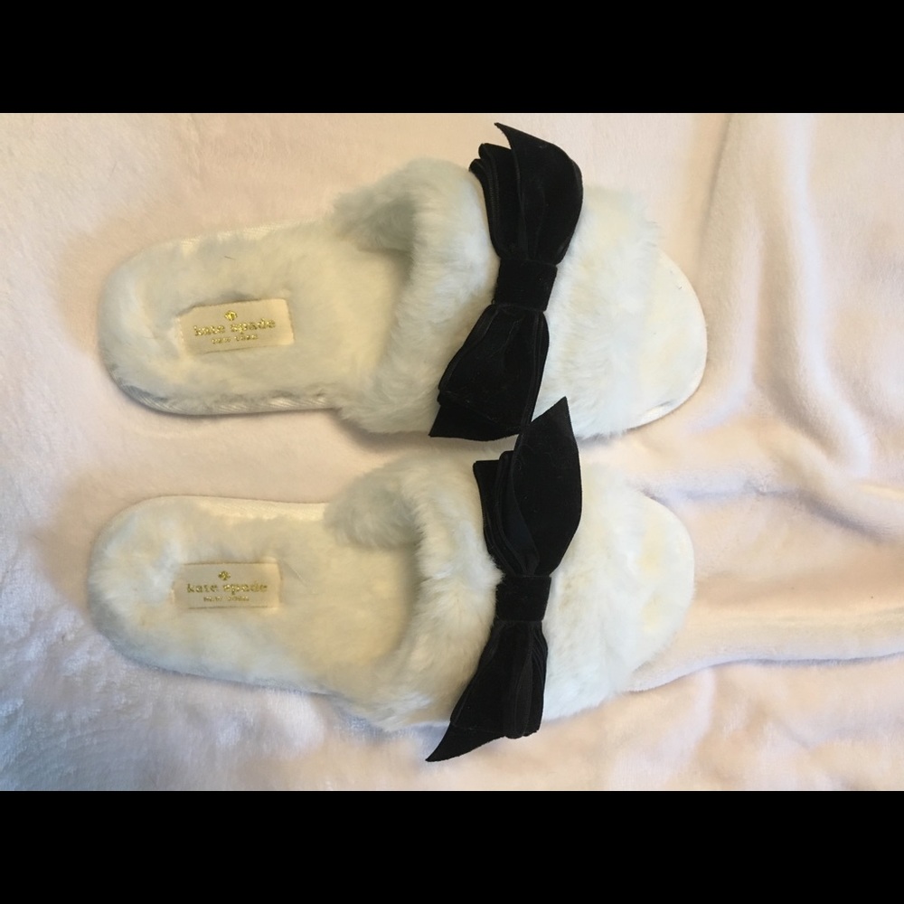 Kate Spade Black bow fluffy white slippers